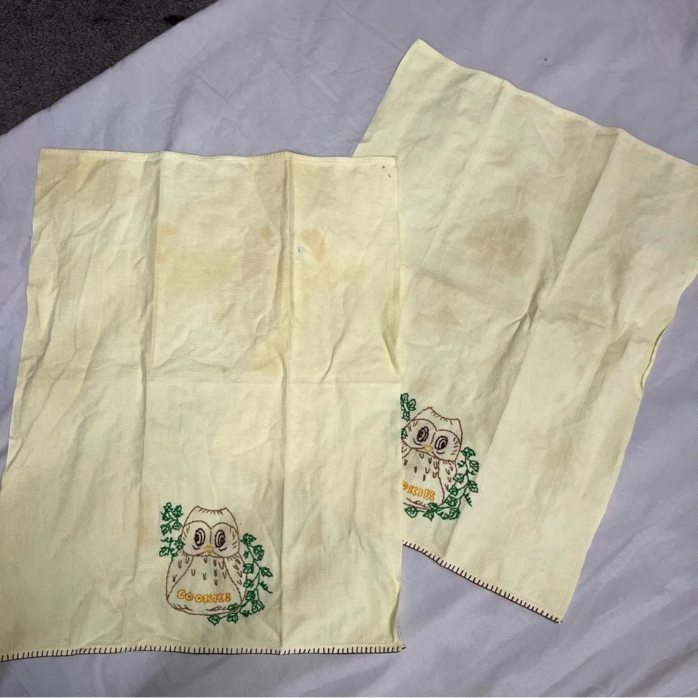 Vintage Yellow Hand Stitched Owl Cookies Hand Towel Set Of Two